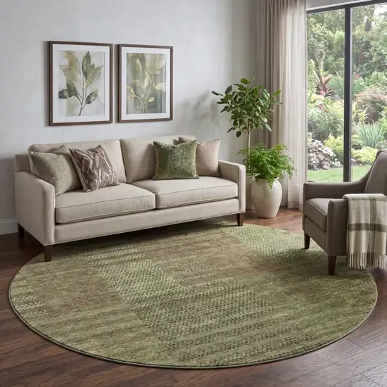 8' Coffee And Green Striped Washable Round Rug With UV Protection Photo 1
