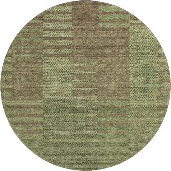 8' Coffee And Green Striped Washable Round Rug With UV Protection Photo 1