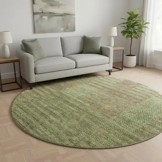 8' Coffee And Green Striped Washable Round Rug With UV Protection Photo 2