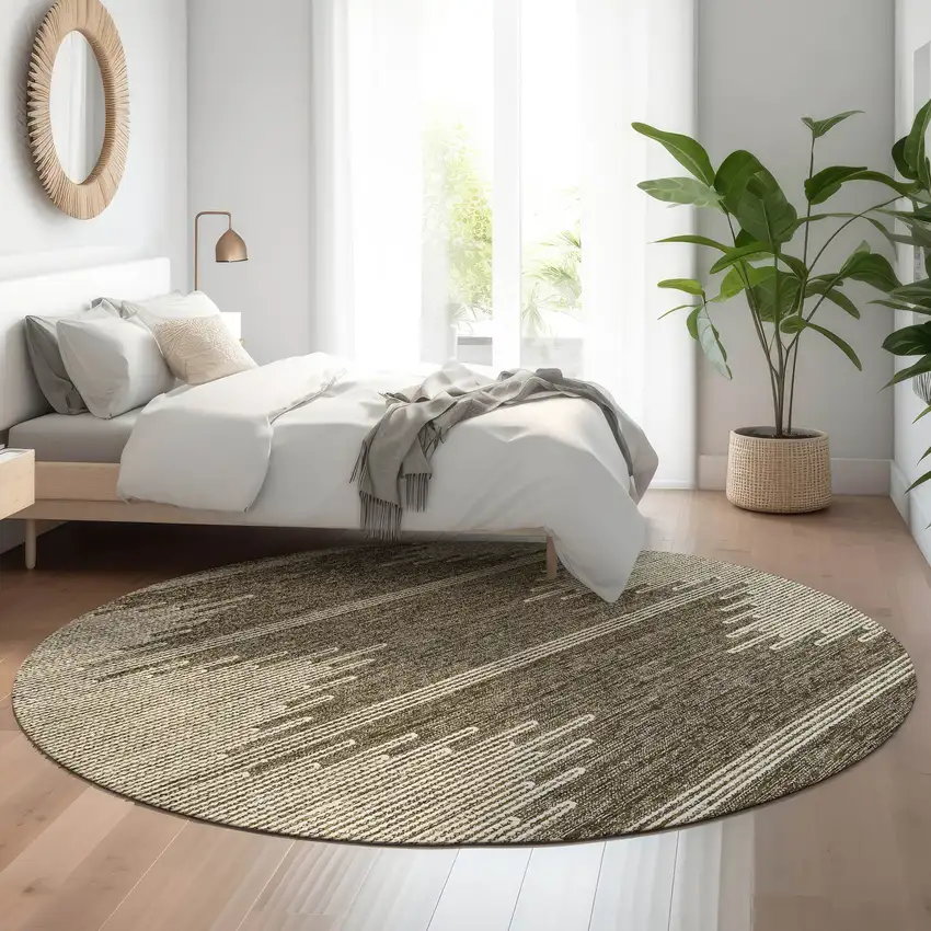 8' Coffee And Ivory Abstract Washable Round Rug With UV Protection Photo 5