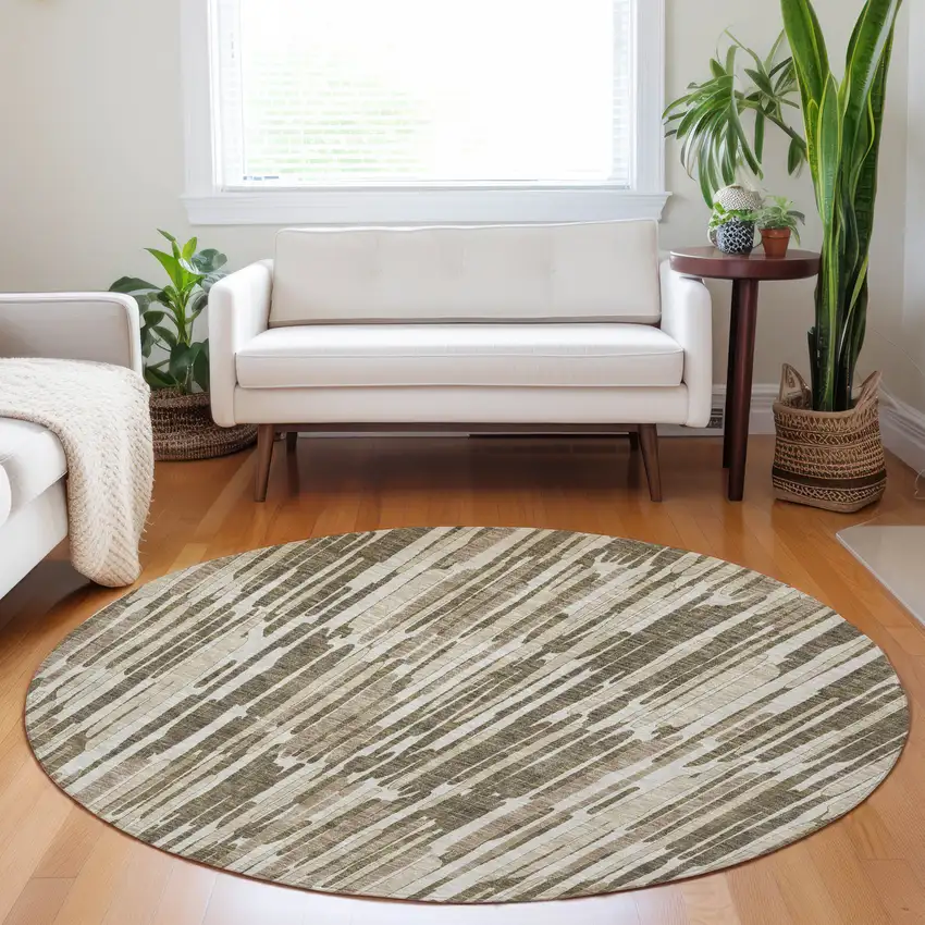 8' Coffee And Ivory Abstract Washable Round Rug With UV Protection Photo 5