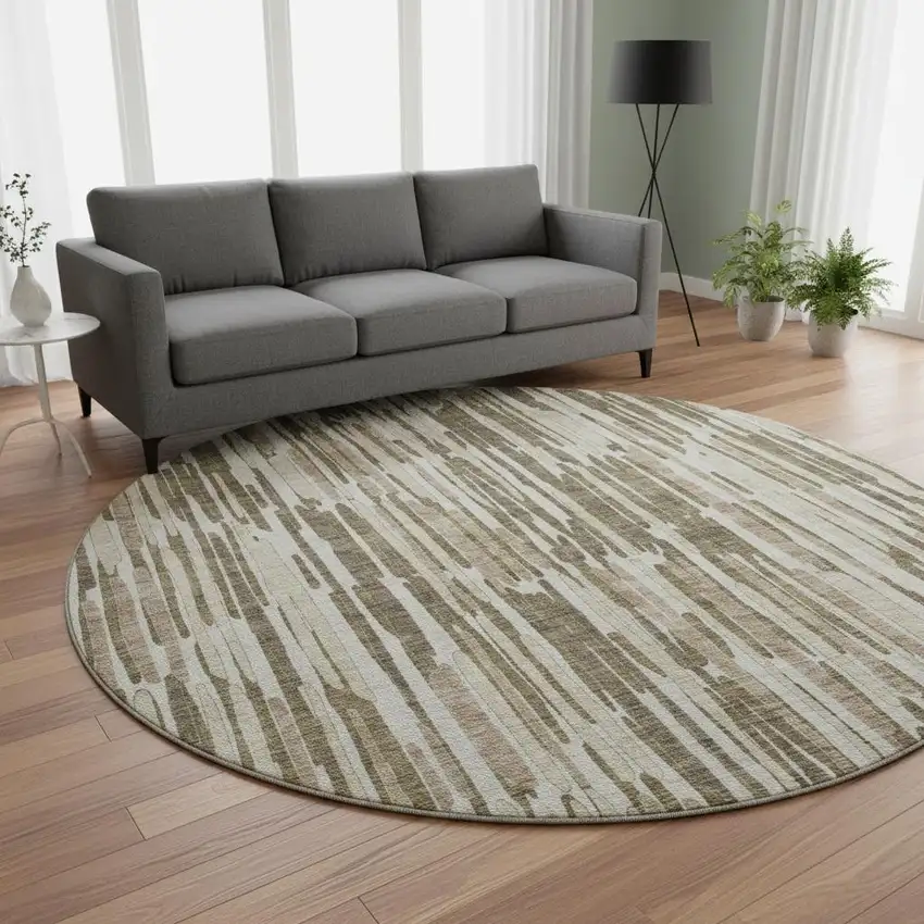 8' Coffee And Ivory Abstract Washable Round Rug With UV Protection Photo 2