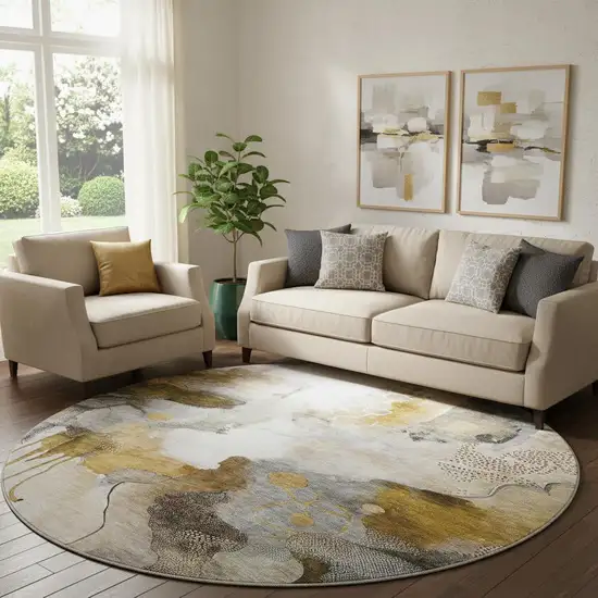 8' Coffee And Ivory Abstract Washable Round Rug With UV Protection Photo 2