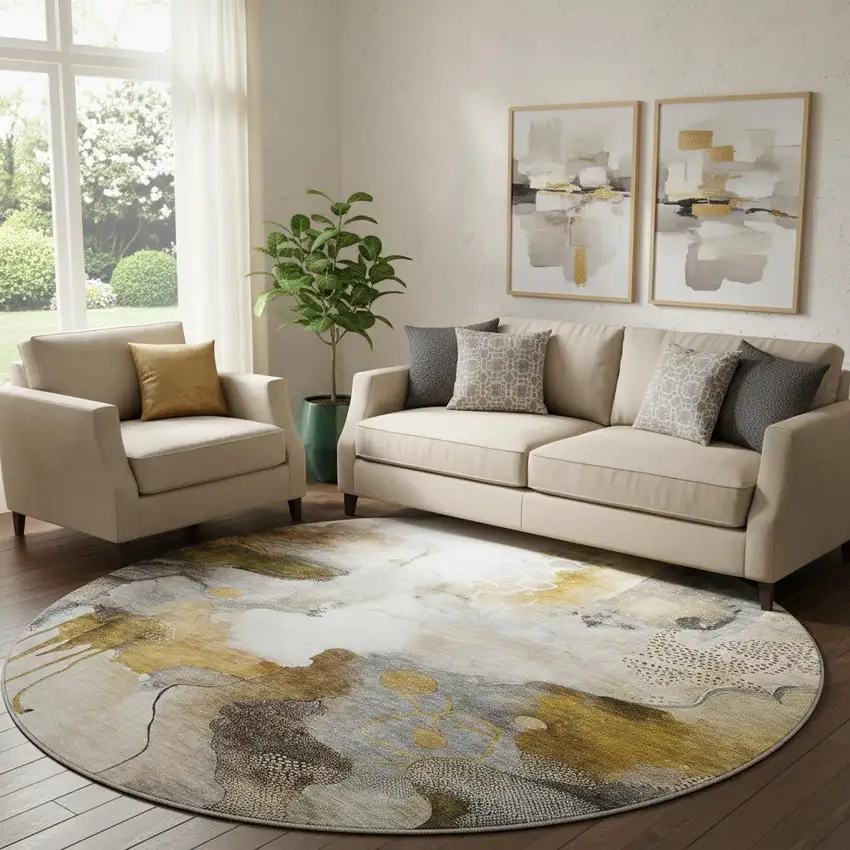 8' Coffee And Ivory Abstract Washable Round Rug With UV Protection Photo 2