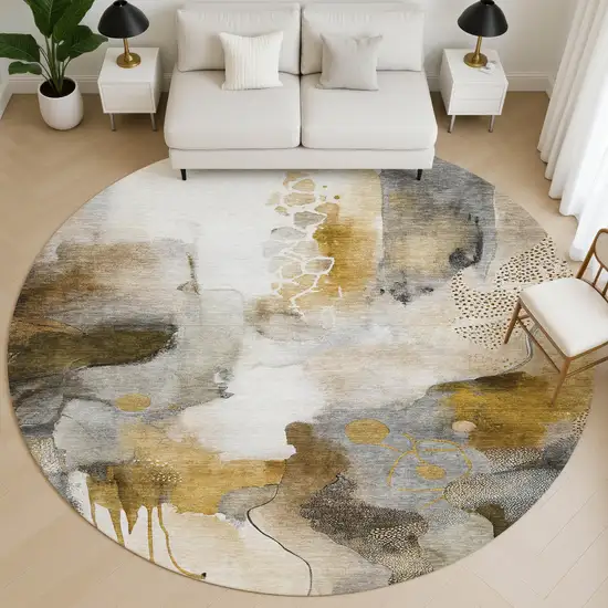 8' Coffee And Ivory Abstract Washable Round Rug With UV Protection Photo 3