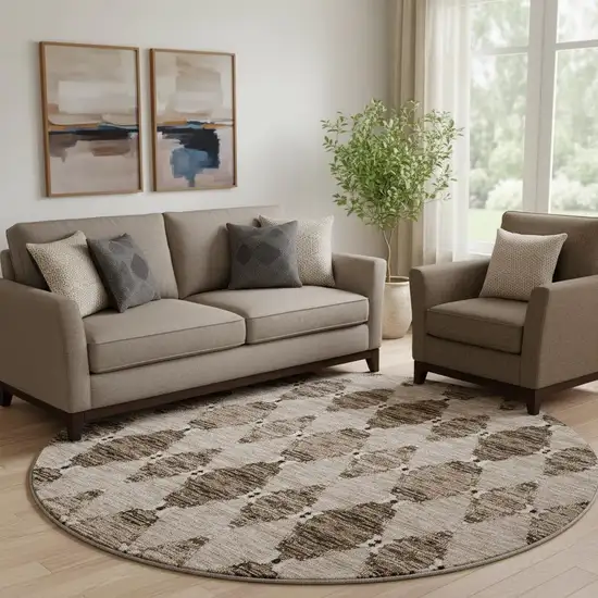 8' Coffee And Ivory Moroccan Washable Round Rug With UV Protection Photo 1