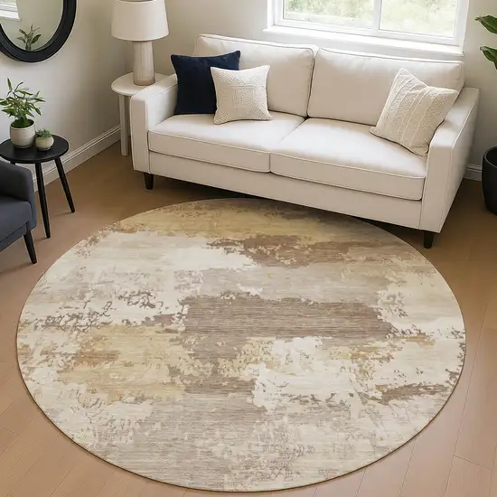 8' Coffee And Ivory Round Abstract Washable Indoor Outdoor Area Rug Photo 5
