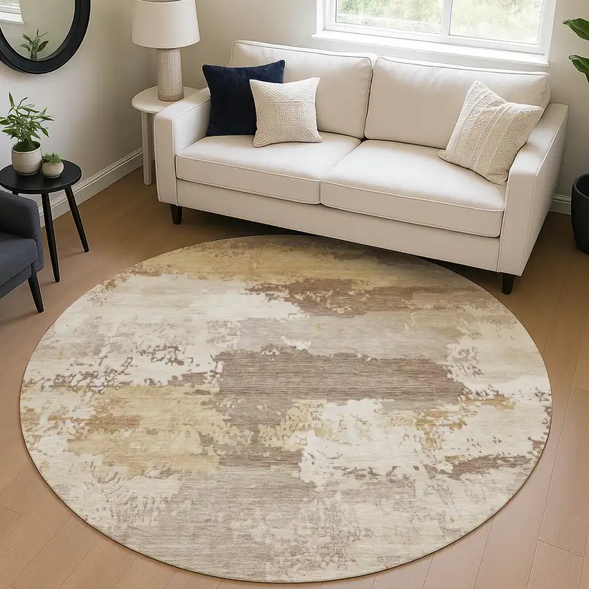 8' Coffee And Ivory Round Abstract Washable Indoor Outdoor Area Rug Photo 5