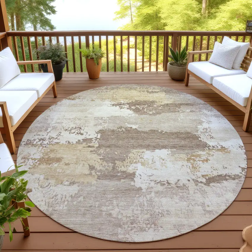 8' Coffee And Ivory Round Abstract Washable Indoor Outdoor Area Rug Photo 4