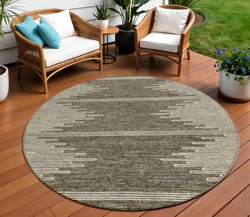 8' Coffee And Ivory Round Abstract Washable Indoor Outdoor Area Rug Photo 1