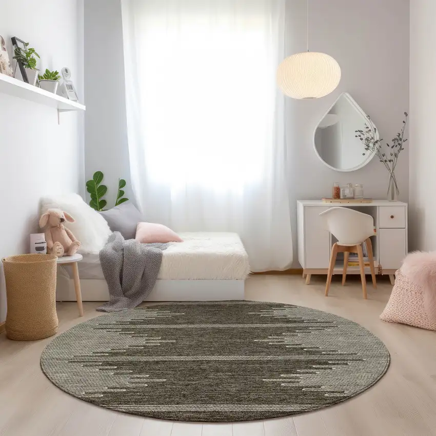 8' Coffee And Ivory Round Abstract Washable Indoor Outdoor Area Rug Photo 8