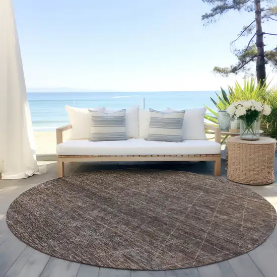 8' Coffee And Ivory Round Geometric Washable Indoor Outdoor Area Rug Photo 6