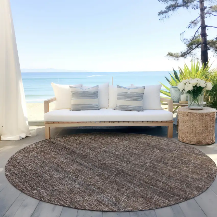 8' Coffee And Ivory Round Geometric Washable Indoor Outdoor Area Rug Photo 6
