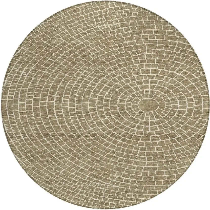 8' Coffee And Ivory Round Geometric Washable Indoor Outdoor Area Rug Photo 3