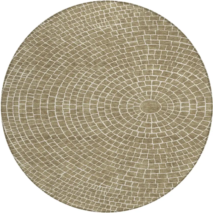 8' Coffee And Ivory Round Geometric Washable Indoor Outdoor Area Rug Photo 1