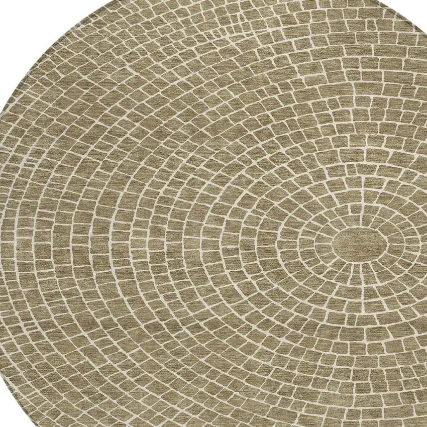8' Coffee And Ivory Round Geometric Washable Indoor Outdoor Area Rug Photo 2