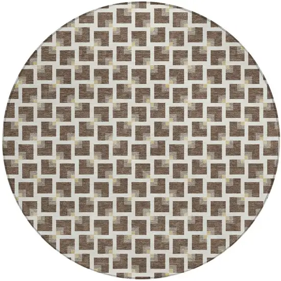8' Coffee And Ivory Round Geometric Washable Indoor Outdoor Area Rug Photo 3