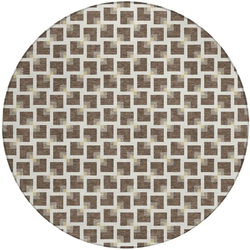 8' Coffee And Ivory Round Geometric Washable Indoor Outdoor Area Rug Photo 3