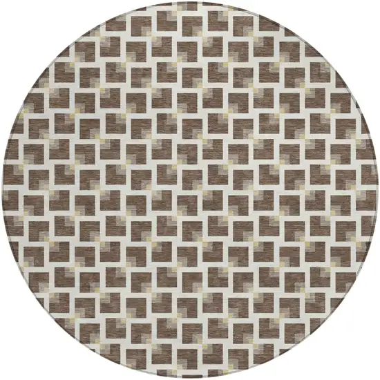 8' Coffee And Ivory Round Geometric Washable Indoor Outdoor Area Rug Photo 1