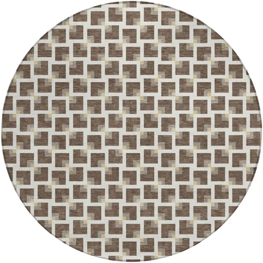 8' Coffee And Ivory Round Geometric Washable Indoor Outdoor Area Rug Photo 1