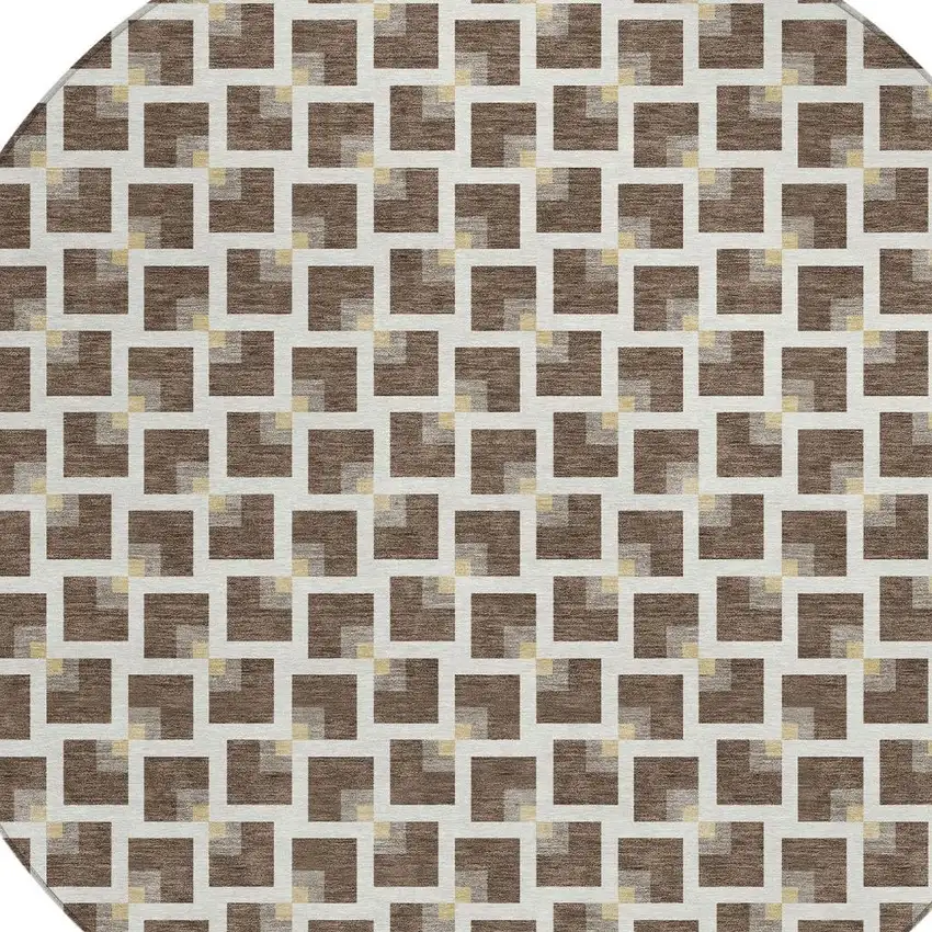 8' Coffee And Ivory Round Geometric Washable Indoor Outdoor Area Rug Photo 2