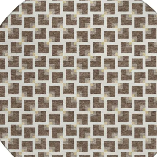 8' Coffee And Ivory Round Geometric Washable Indoor Outdoor Area Rug Photo 2