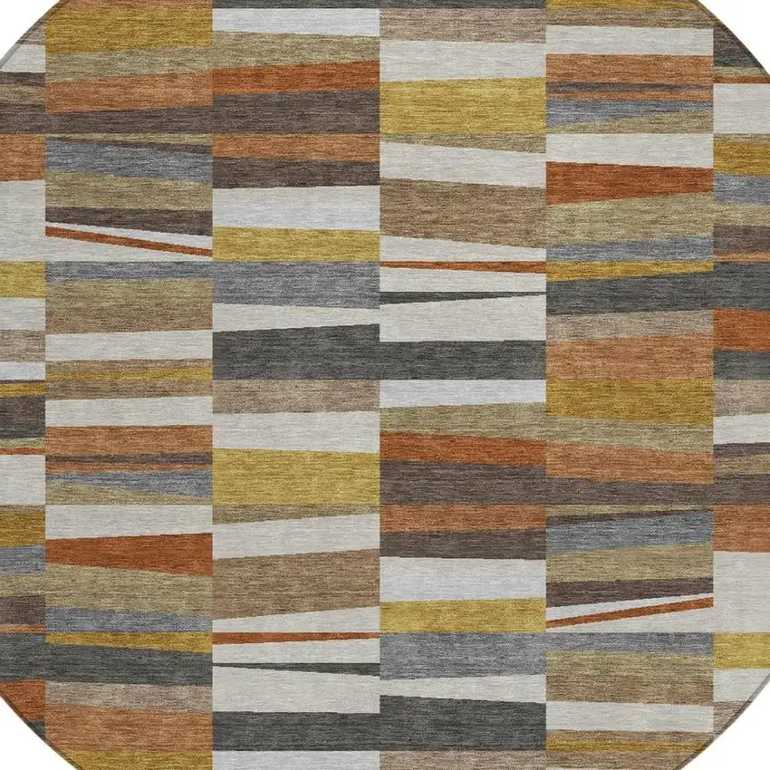 8' Coffee And Ivory Round Striped Washable Indoor Outdoor Area Rug Photo 2