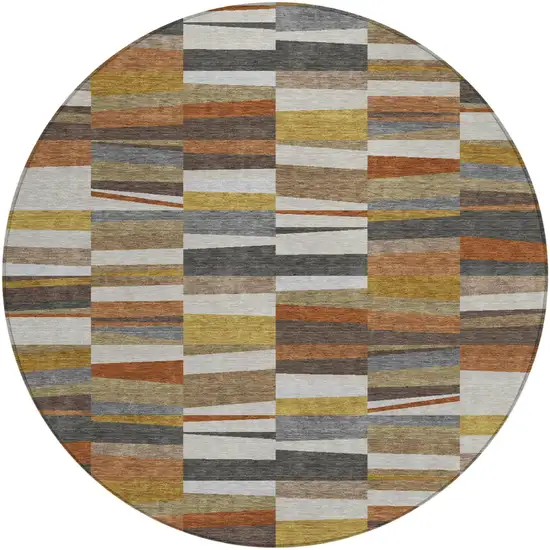 8' Coffee And Ivory Round Striped Washable Indoor Outdoor Area Rug Photo 1