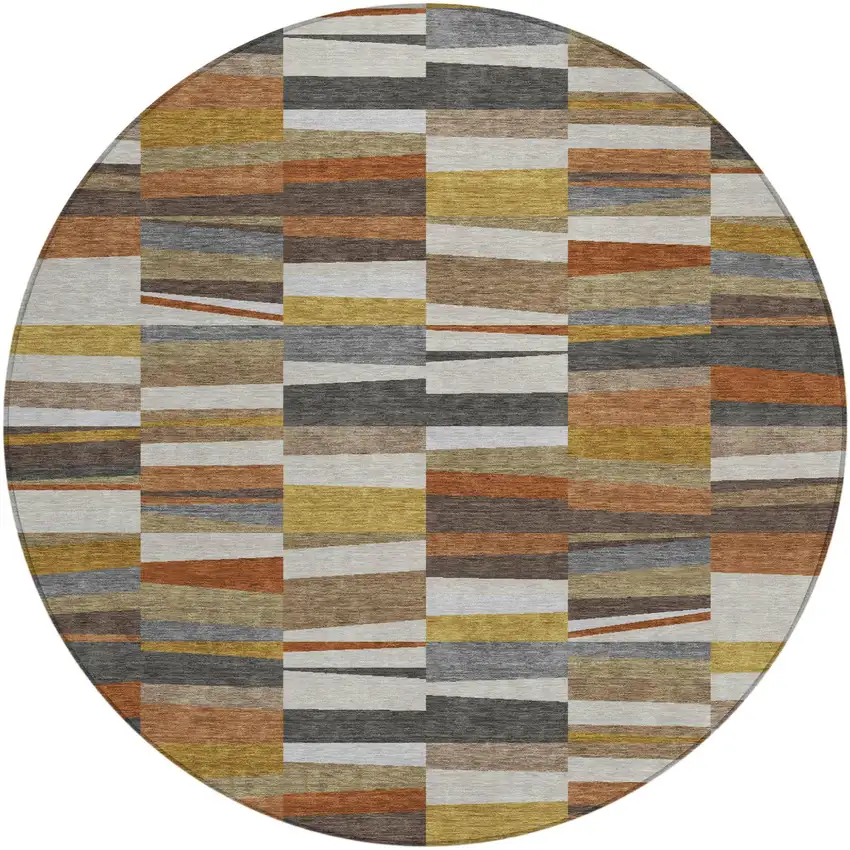 8' Coffee And Ivory Round Striped Washable Indoor Outdoor Area Rug Photo 1