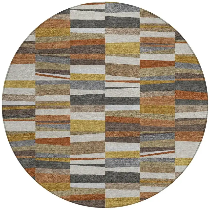 8' Coffee And Ivory Round Striped Washable Indoor Outdoor Area Rug Photo 3