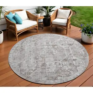 Photo of 8' Coffee And Ivory Round Tribal Washable Indoor Outdoor Area Rug
