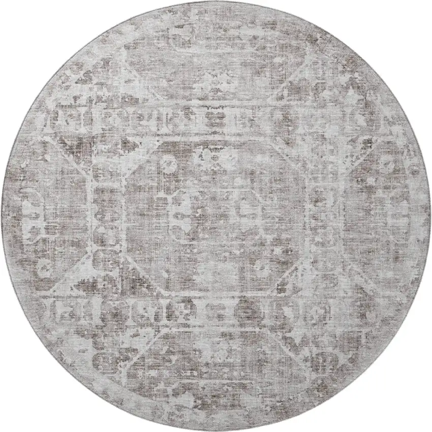 8' Coffee And Ivory Round Tribal Washable Indoor Outdoor Area Rug Photo 5