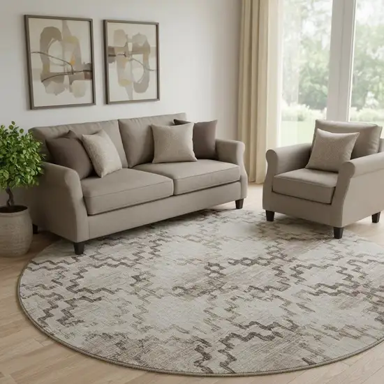 8' Coffee And Ivory Tribal Washable Round Rug With UV Protection Photo 1