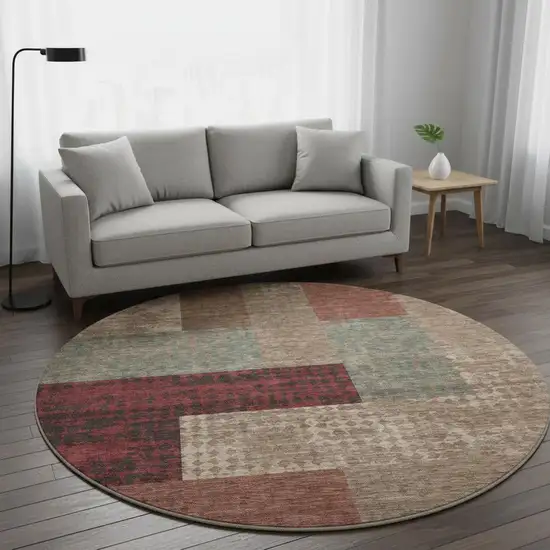 8' Coffee And Merlot Geometric Washable Round Rug With UV Protection Photo 2
