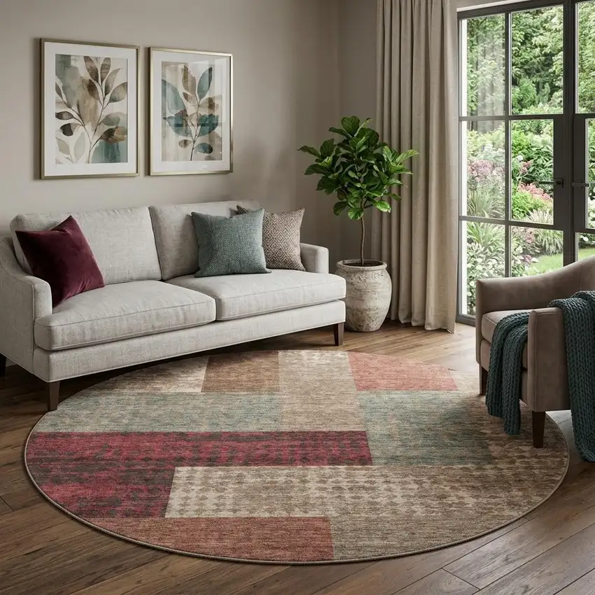 8' Coffee And Merlot Geometric Washable Round Rug With UV Protection Photo 1