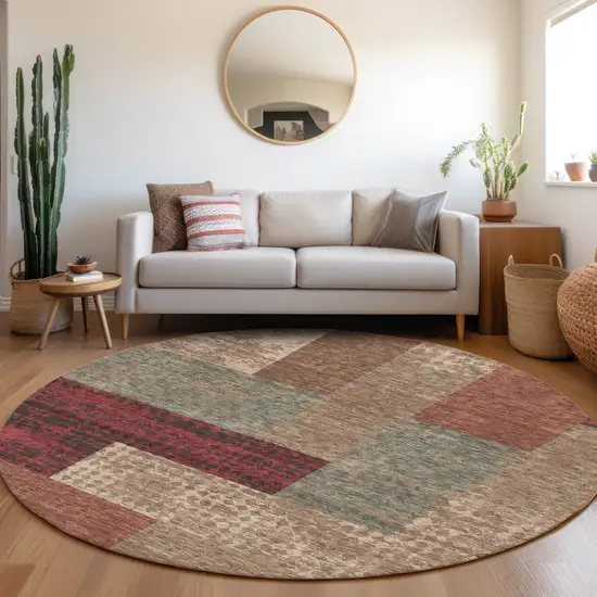 8' Coffee And Merlot Geometric Washable Round Rug With UV Protection Photo 4