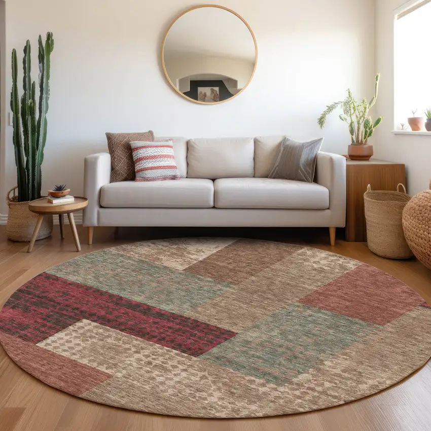 8' Coffee And Merlot Geometric Washable Round Rug With UV Protection Photo 4