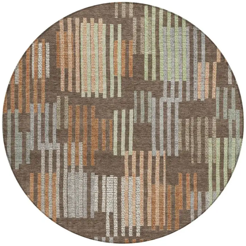 8' Coffee And Orange Round Striped Washable Indoor Outdoor Area Rug Photo 3