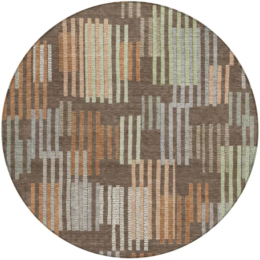 8' Coffee And Orange Round Striped Washable Indoor Outdoor Area Rug Photo 1