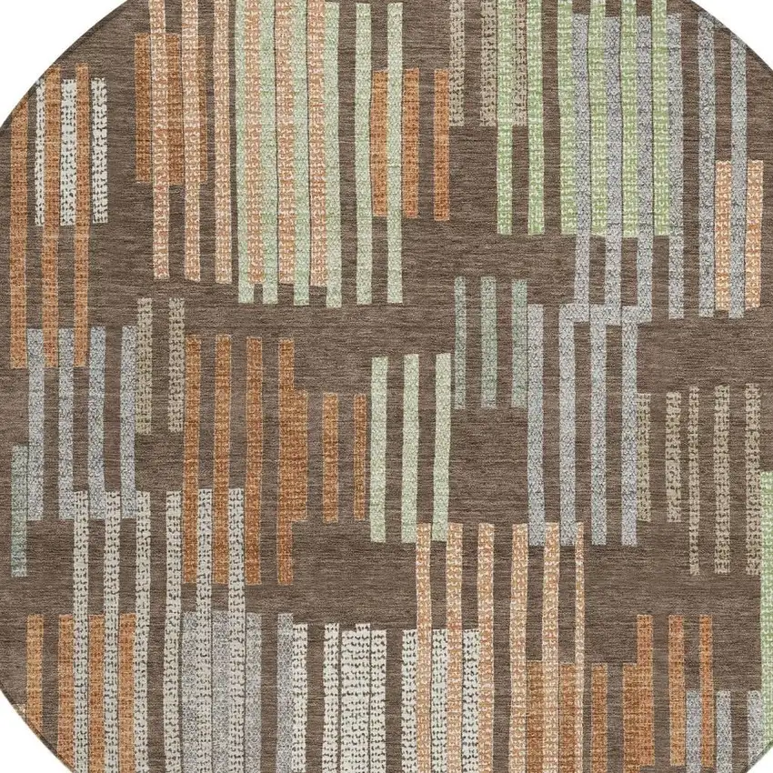 8' Coffee And Orange Round Striped Washable Indoor Outdoor Area Rug Photo 2