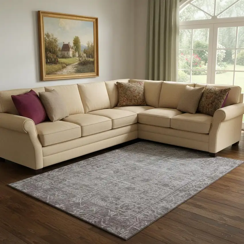 8' Coffee And Silver Oriental Washable Area Rug With UV Protection Photo 2