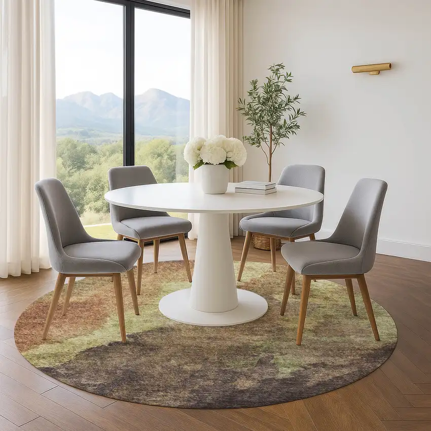 8' Coffee And Taupe Abstract Washable Round Rug With UV Protection Photo 4