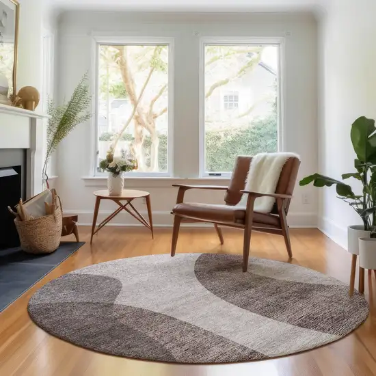 8' Coffee And Taupe Geometric Washable Round Rug With UV Protection Photo 5