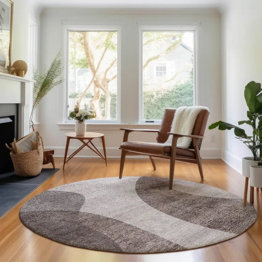 8' Coffee And Taupe Geometric Washable Round Rug With UV Protection Photo 5