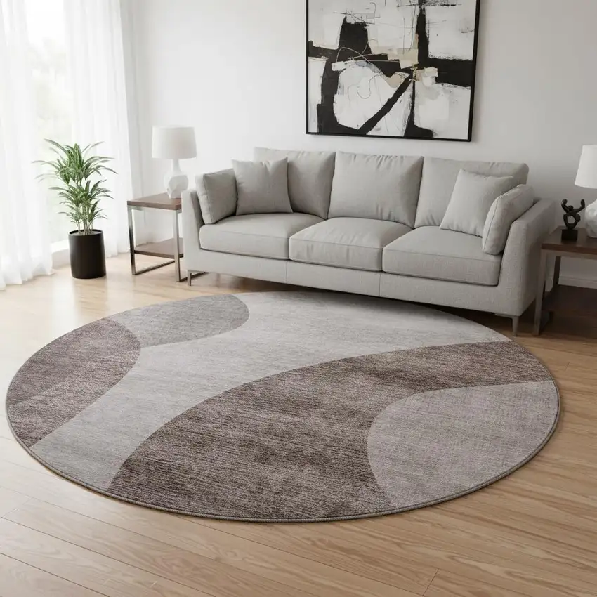 8' Coffee And Taupe Geometric Washable Round Rug With UV Protection Photo 2