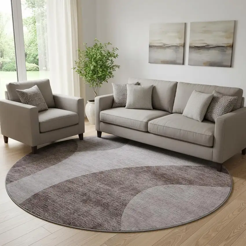 8' Coffee And Taupe Geometric Washable Round Rug With UV Protection Photo 1