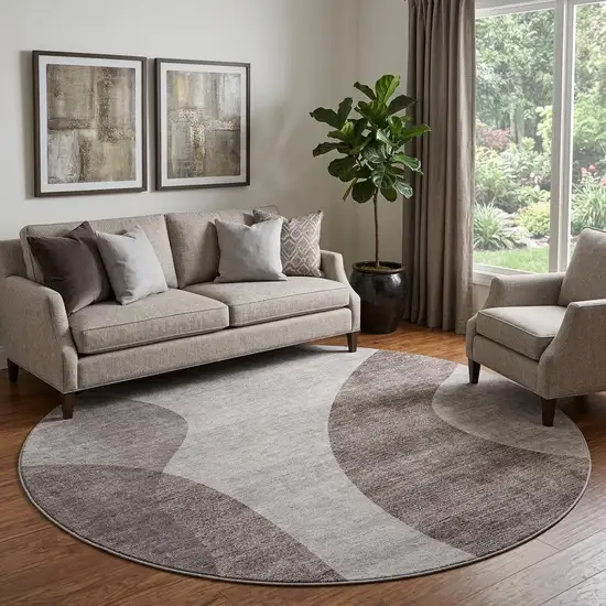 8' Coffee And Taupe Geometric Washable Round Rug With UV Protection Photo 1