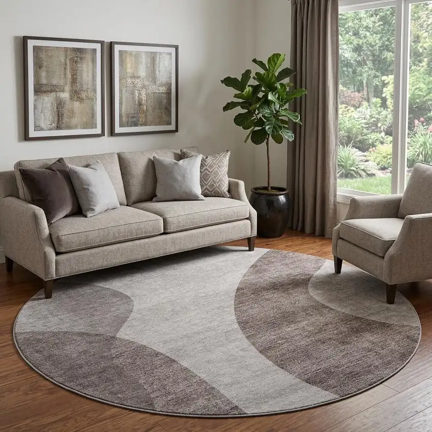 8' Coffee And Taupe Geometric Washable Round Rug With UV Protection Photo 1