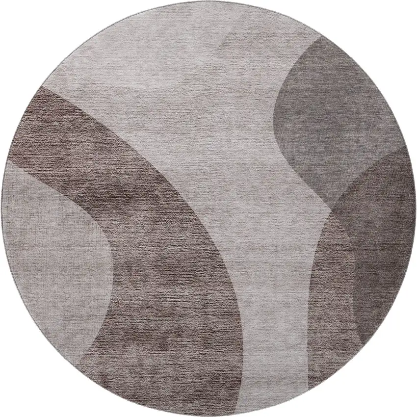 8' Coffee And Taupe Geometric Washable Round Rug With UV Protection Photo 4