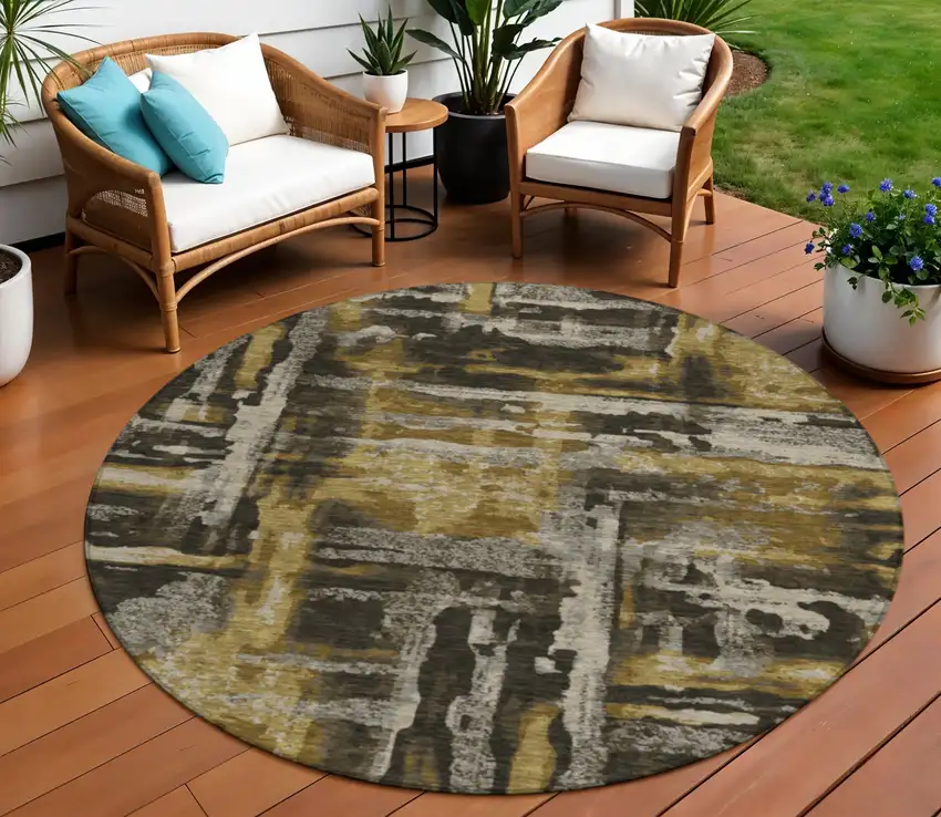 8' Coffee And Taupe Round Abstract Washable Indoor Outdoor Area Rug Photo 2